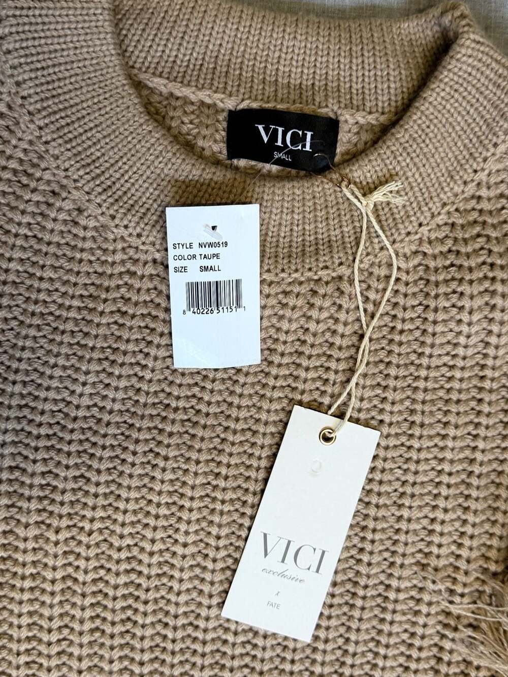 VICI Taupe Fringe Sleeve Chunky Knit Sweater NWT - Picture 4 of 6